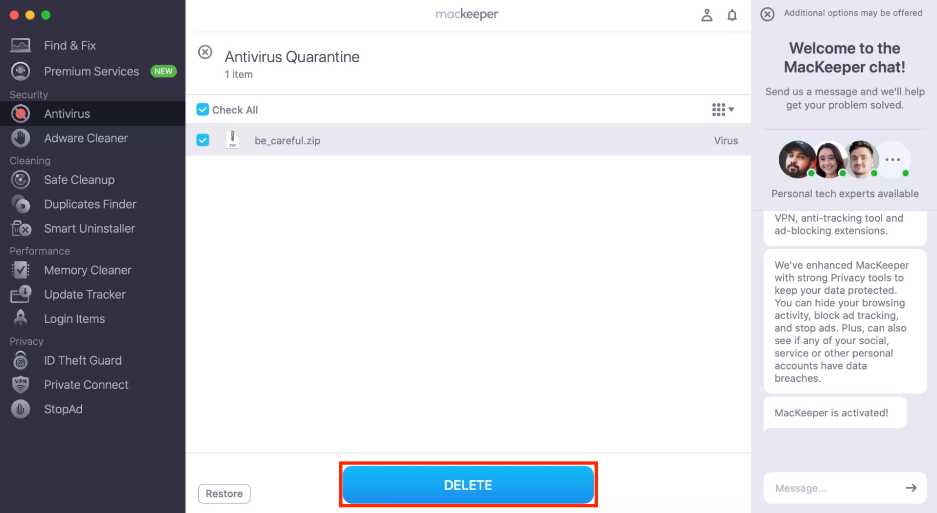 The built-in Antivirus tool inside MacKeeper on Mac. Don't forget to check for viruses and malware before using Thunderbolt Bridge to ensure any threats are not spread between machines.
