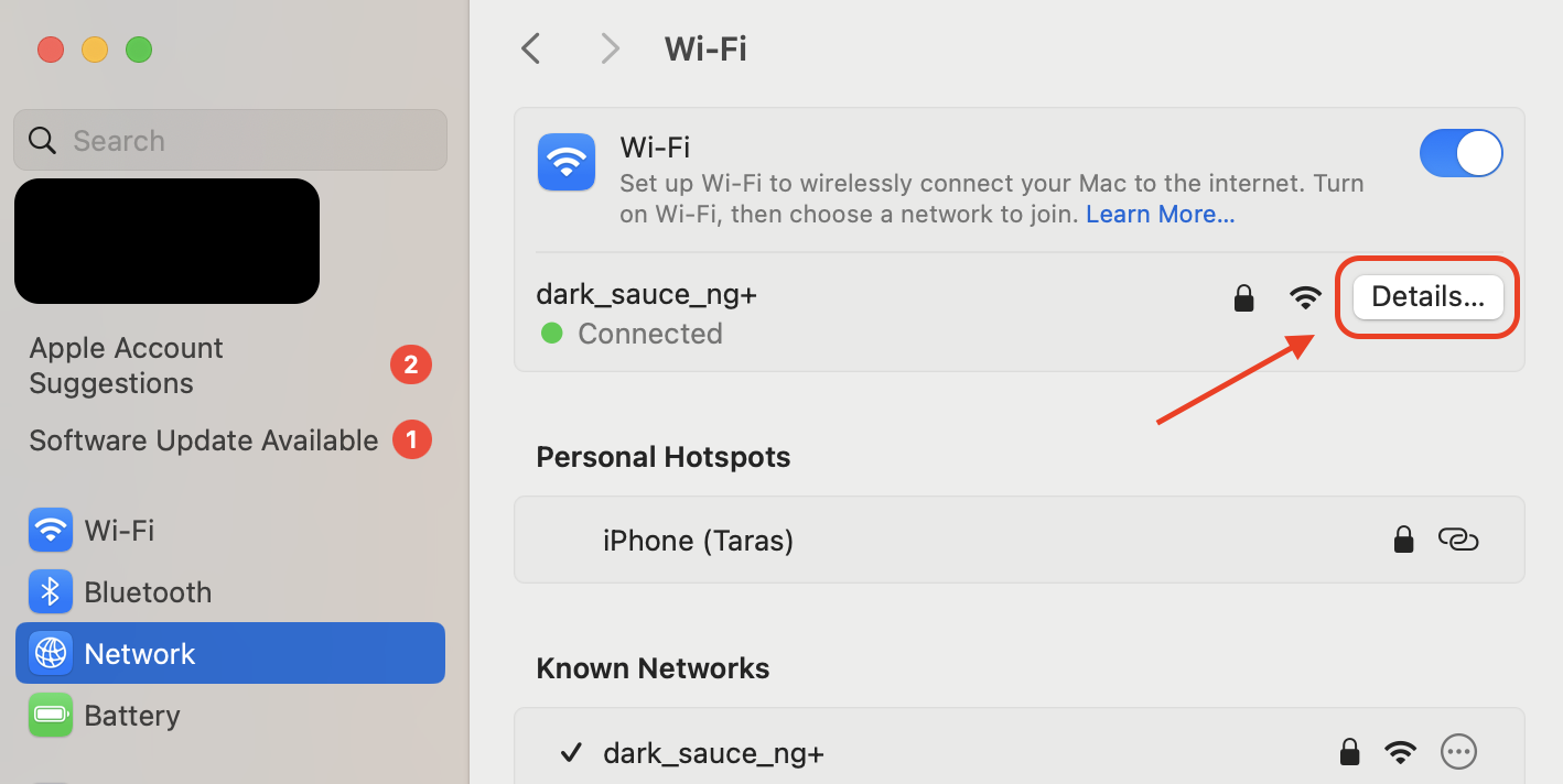 Select Details next to your current network to view advanced settings and make changes to your Wi-Fi connection.