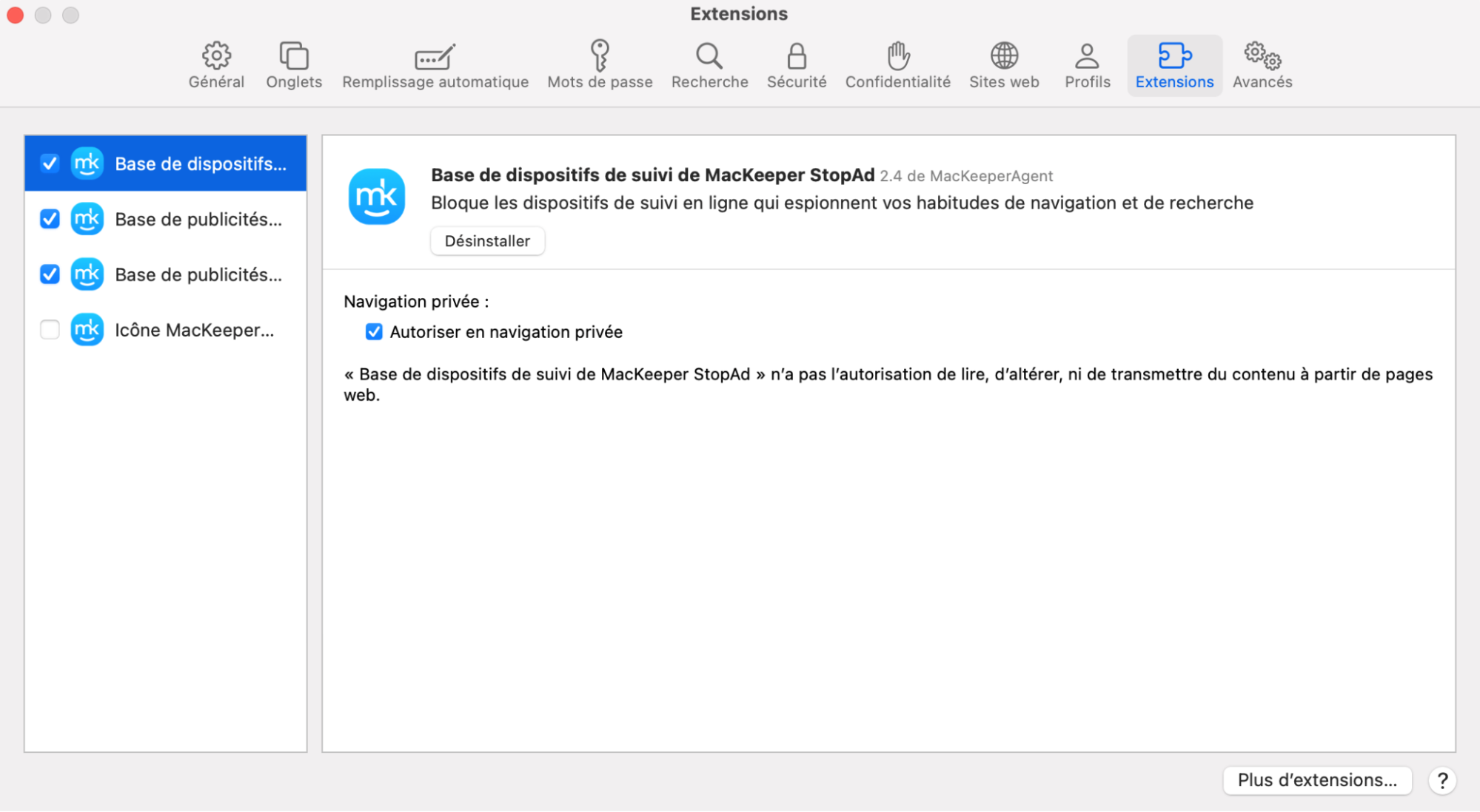 Après avoir appuyé sur Activer, vous serez dirigé vers les paramètres de votre navigateur. Vous pourrez alors sélectionner et activer l’extension pour renforcer votre sécurité sur votre Mac et vous prémunir contre les menaces en ligne.