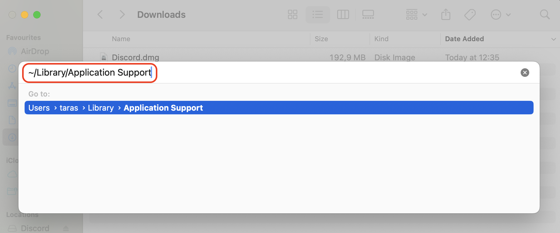 Type ~/Library/Application Support into the Go to Folder dialog, press Enter, then locate and delete the Discord folder to remove all app-related data.