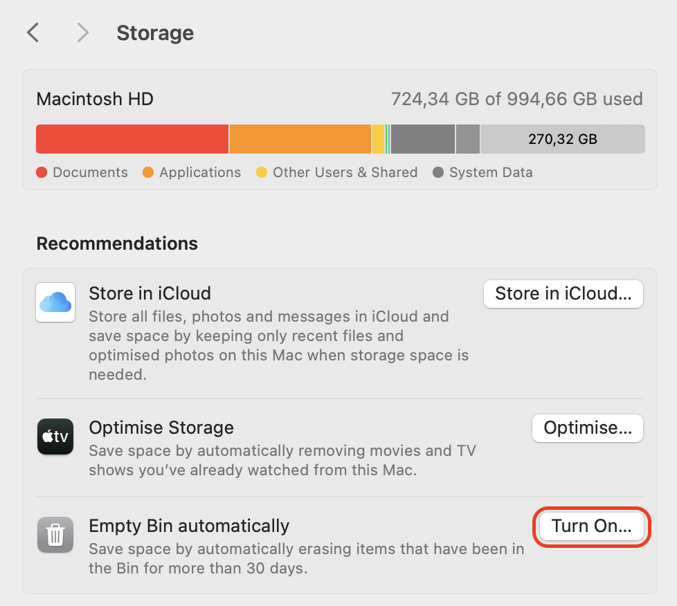 Scroll to Recommendations in the Storage pane, then click Turn On next to Store in iCloud, Optimize Storage, or Empty Trash Automatically to save space.
