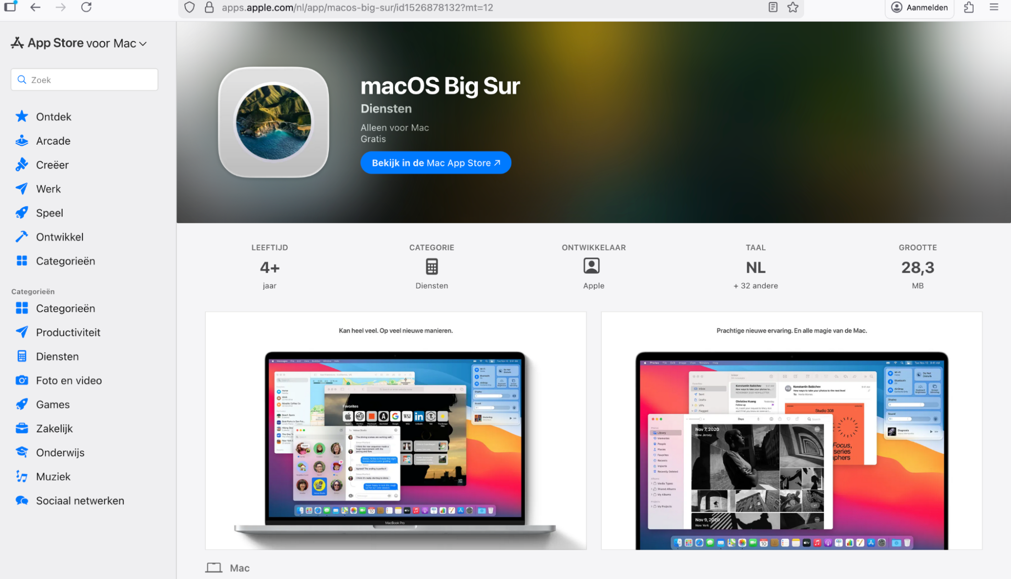 Overzichtsvenster van macOS Big Sur dat het ontwerp van de interface op de Mac toont en het gebruiksgemak benadrukt dat kenmerkend is voor Apple-laptops.