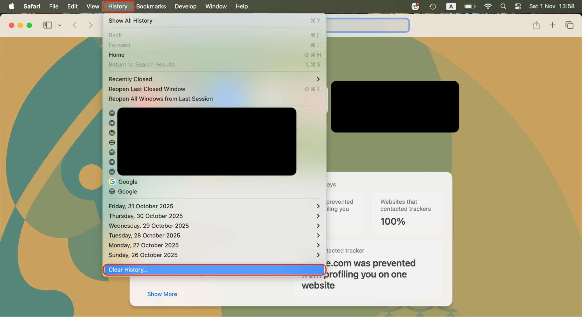 Open Safari, click History in the top menu, and select Clear History… to remove your browsing records and refresh the browser's performance.