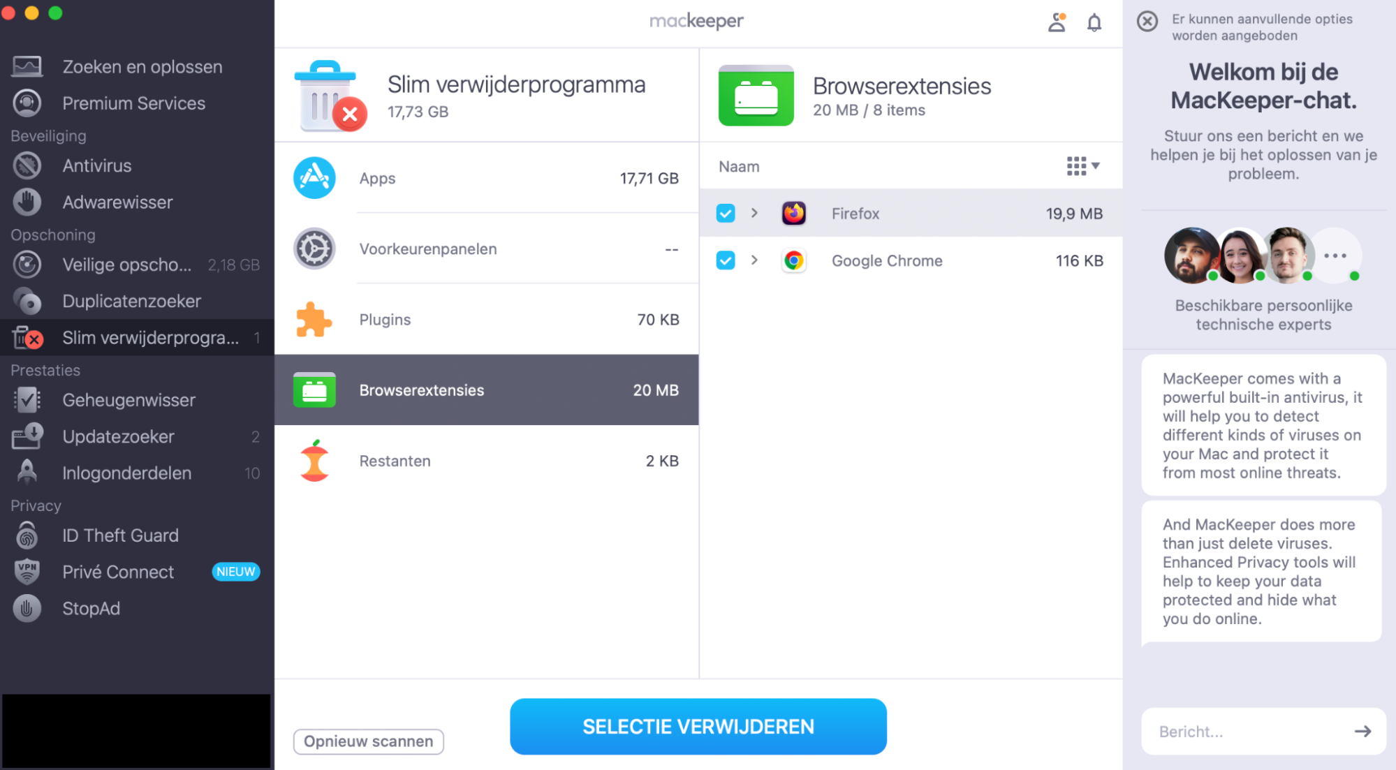 Blader door de lijst met geïnstalleerde browserextensies en selecteer wat je wilt verwijderen. Klik op de knop Selectie verwijderen.