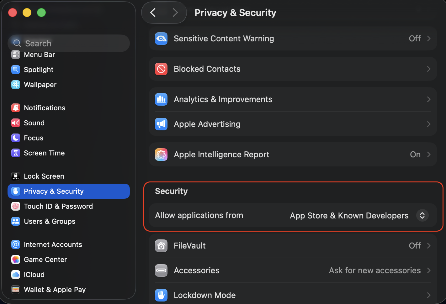 Privacy & Security pane in macOS System Settings showing the Security section with Allow applications from option on an Apple laptop.