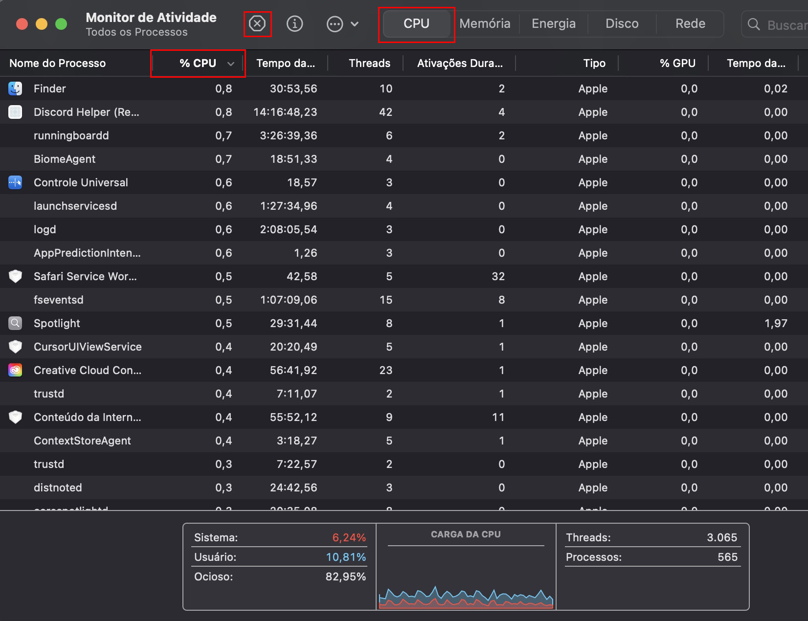 O Monitor de Atividade no Mac mostra uma lista de todos os processos em execução. Para encerrar um processo, clique no botão X e depois selecione Encerrar ou Forçar Encerramento.