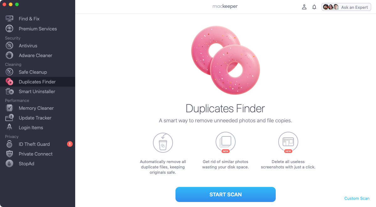 To find and remove duplicate photos from your Mac, use MacKeeper's Duplicates Finder. The app will find and delete all duplicates safely. Launch MacKeeper and go to Duplicates Finder, click Start Scan.