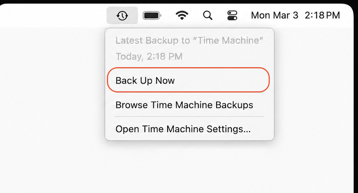 The simplest way to back up important information on your Mac is to select Time Machine in the upper-right corner, then click Backup Now.