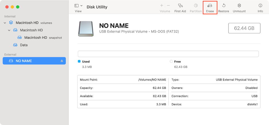 To solve the Couldn’t open device 69877 error on your Mac using macOS Recovery mode, click Erase in Disk Utility.