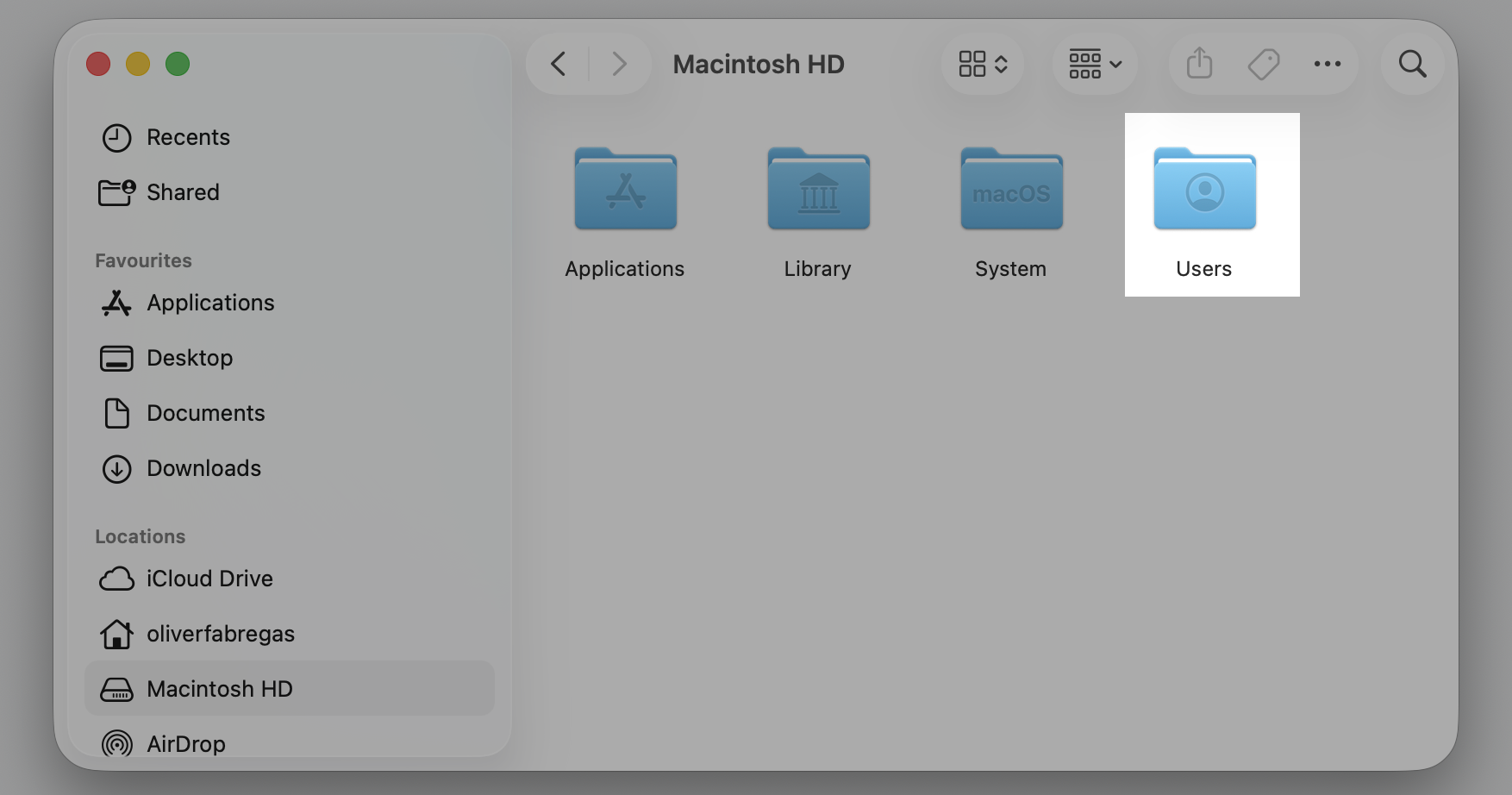 The Users folder open in Finder on macOS, where you select your user account to find the Public folder used for sharing on one Mac.