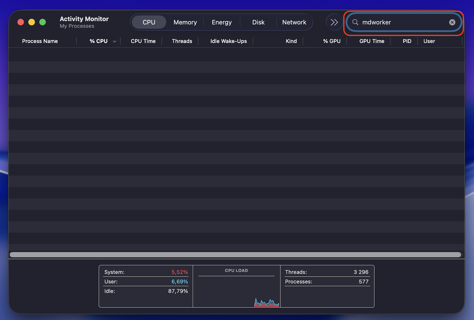 The final step in identifying processes that are using the most system resources is to type mdworker into the search bar in the CPU section. If this process is active, it’ll appear in the list with other active processes.