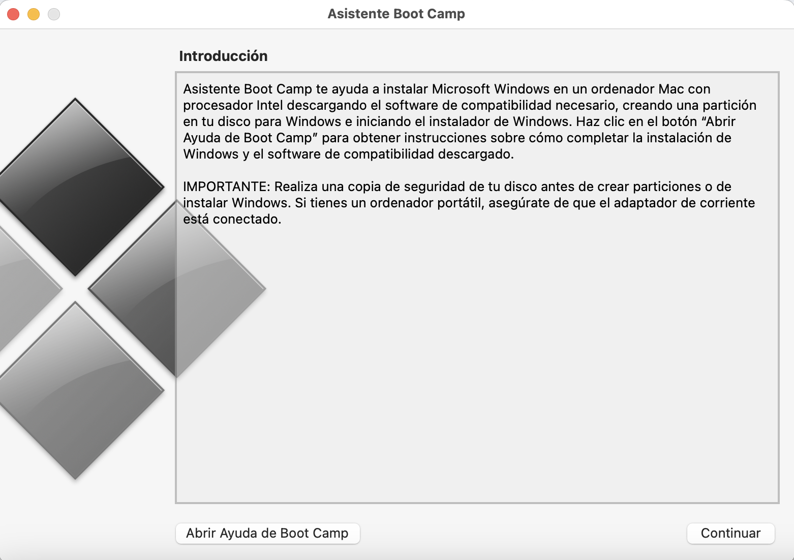 Después de iniciar el Asistente de Boot Camp, tendrás la opción de instalar Windows. Para empezar, pulsa primero en Continuar.