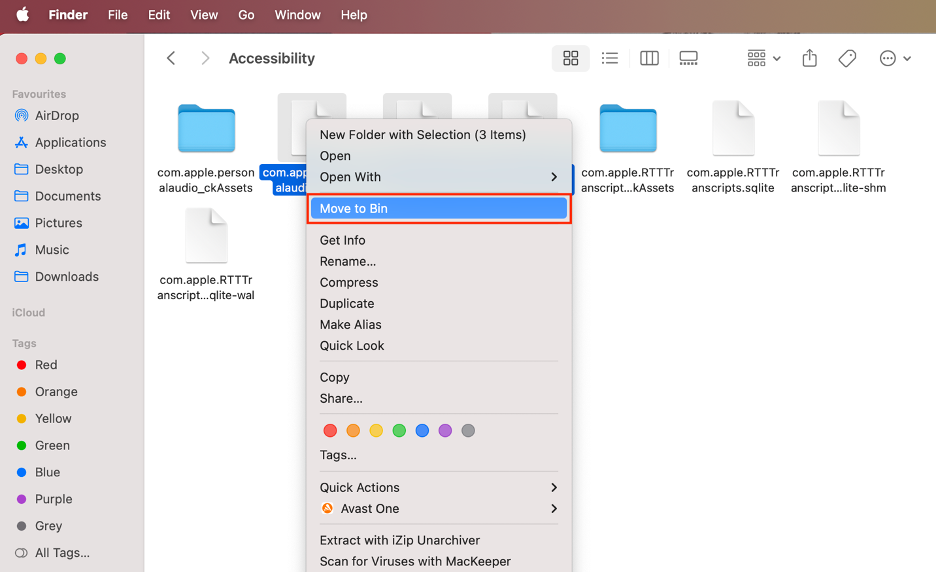 To clear your Library and other system folders on a Mac, select items you no longer need, right-click on them, and choose Move to Bin/Trash.