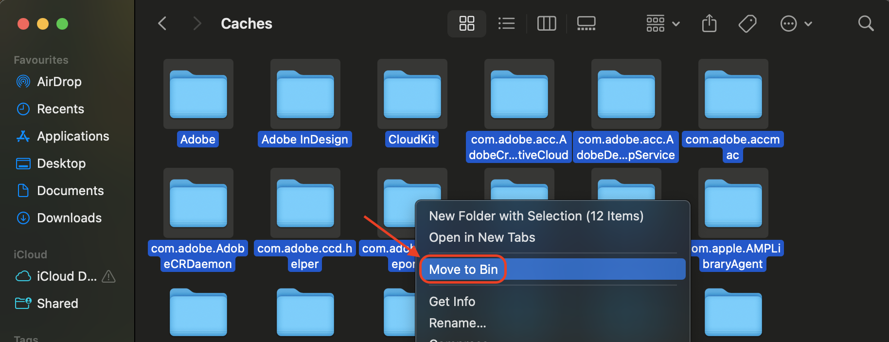 Select unnecessary files in the Caches folder and move them to Trash to free up storage space and improve system performance.