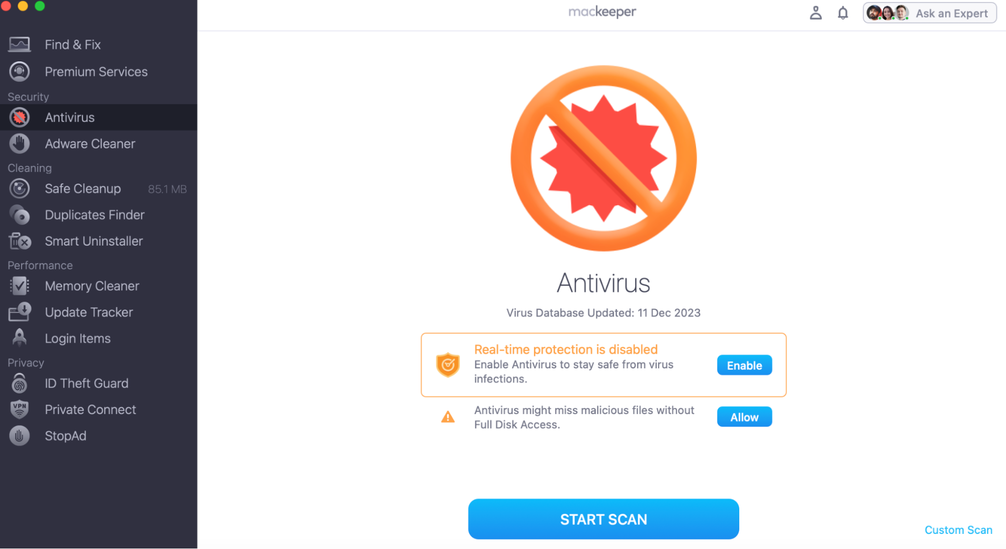 In the MacKeeper app, our Antivirus tool can be selected from the side menu. It can be used as a possible method to remedy a slow or lagging Mac that keeps freezing.