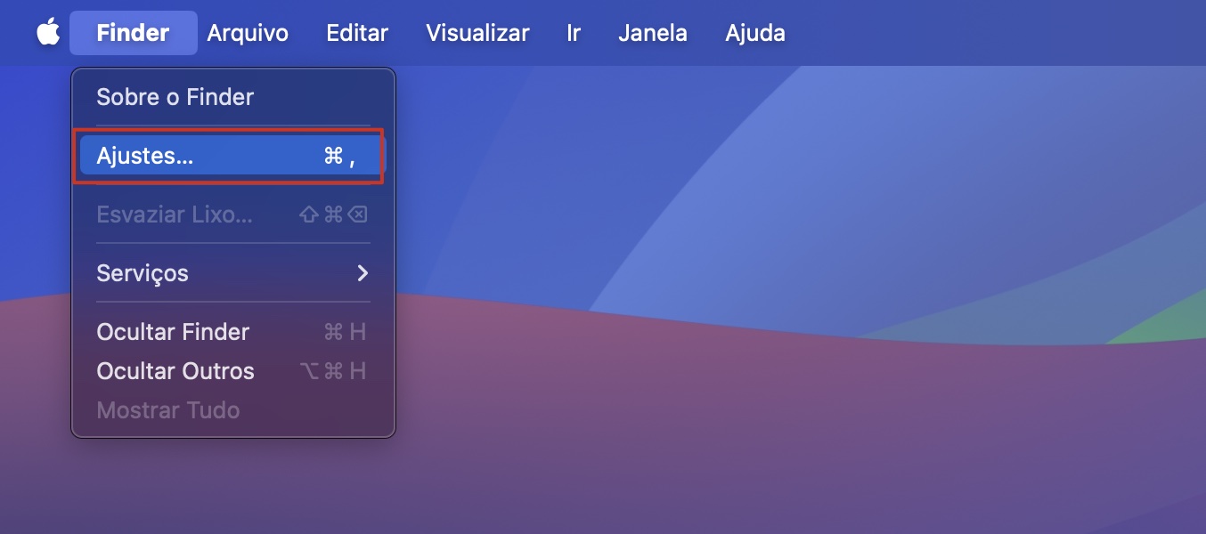 Exiba os ícones ocultos da Mesa do Mac. Para isso, clique em Finder no Dock, vá até a barra de menus no topo da tela e selecione Finder > Ajustes > Geral.