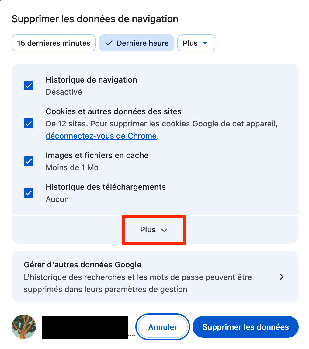 La sous-fenêtre Supprimer les données de navigation dans Chrome, avec les options avancées affichées. Comment réinitialiser Chrome : guide pour bloquer les fausses alertes McAfee sur Mac.