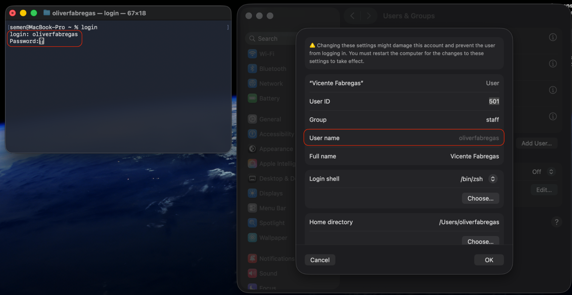Terminal app on an Apple laptop prompting for the username and password of the account you want to access in order to switch users on macOS Sonoma.