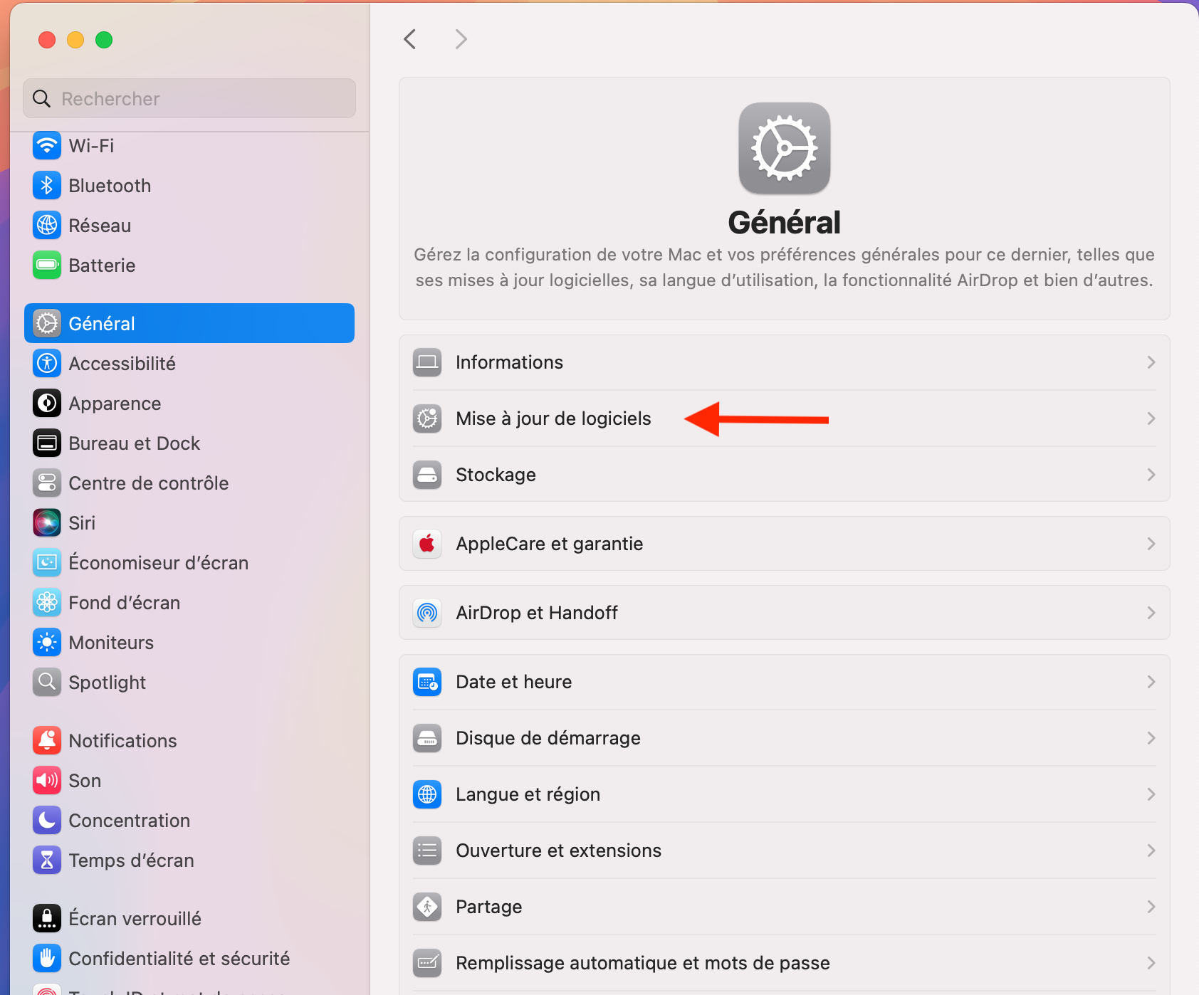 Pour vérifier si votre version de macOS a besoin d’être mise à jour pour améliorer la vitesse de démarrage de votre Mac, vous devrez d’abord ouvrir les Réglages système, puis cliquer sur Général > Mise à jour de logiciels.