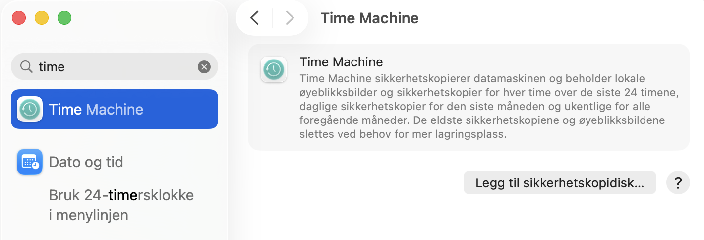 Nå kan du klikke på knappen Legg til sikkerhetskopieringsdisk for å velge hvilken ekstern enhet koblet til Macen din du vil at Time Machine skal kopiere filene dine til.