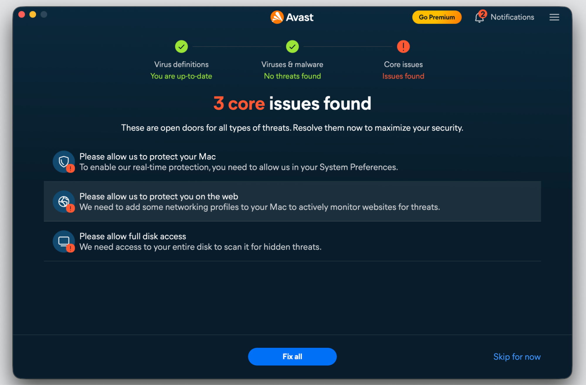 Avast results window on an Apple computer showing 3 core issues found with the Fix all button to clear the bad search engine.