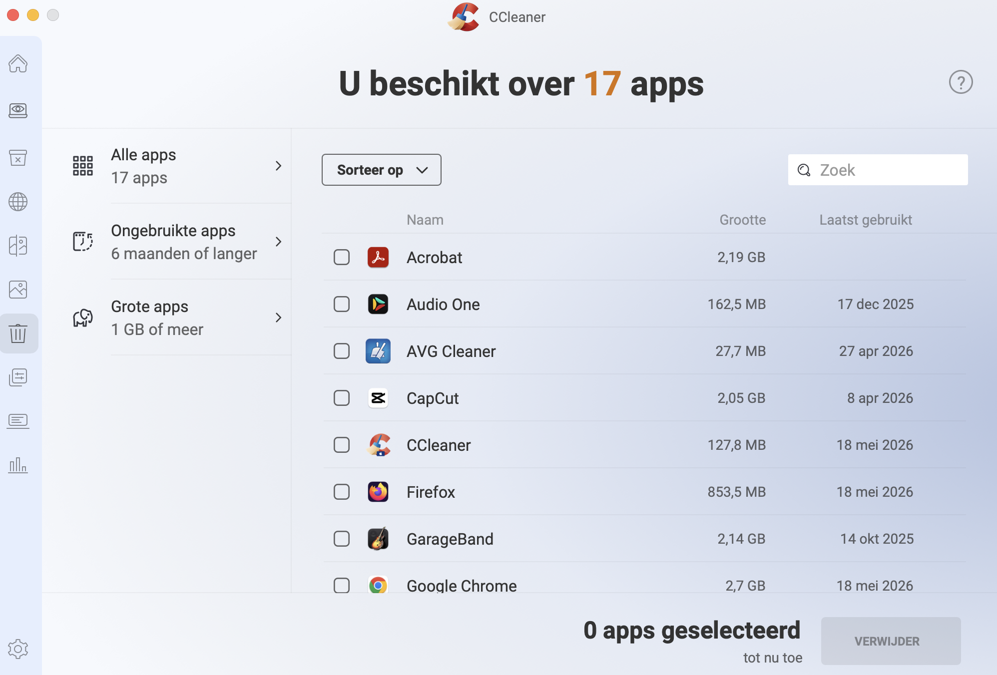 Heb je apps op je Mac die je niet meer gebruikt? Dan kun je ze eenvoudig verwijderen met CCleaner voor Mac. Vink de apps aan die je wilt verwijderen en klik op ‘Verwijderen’.