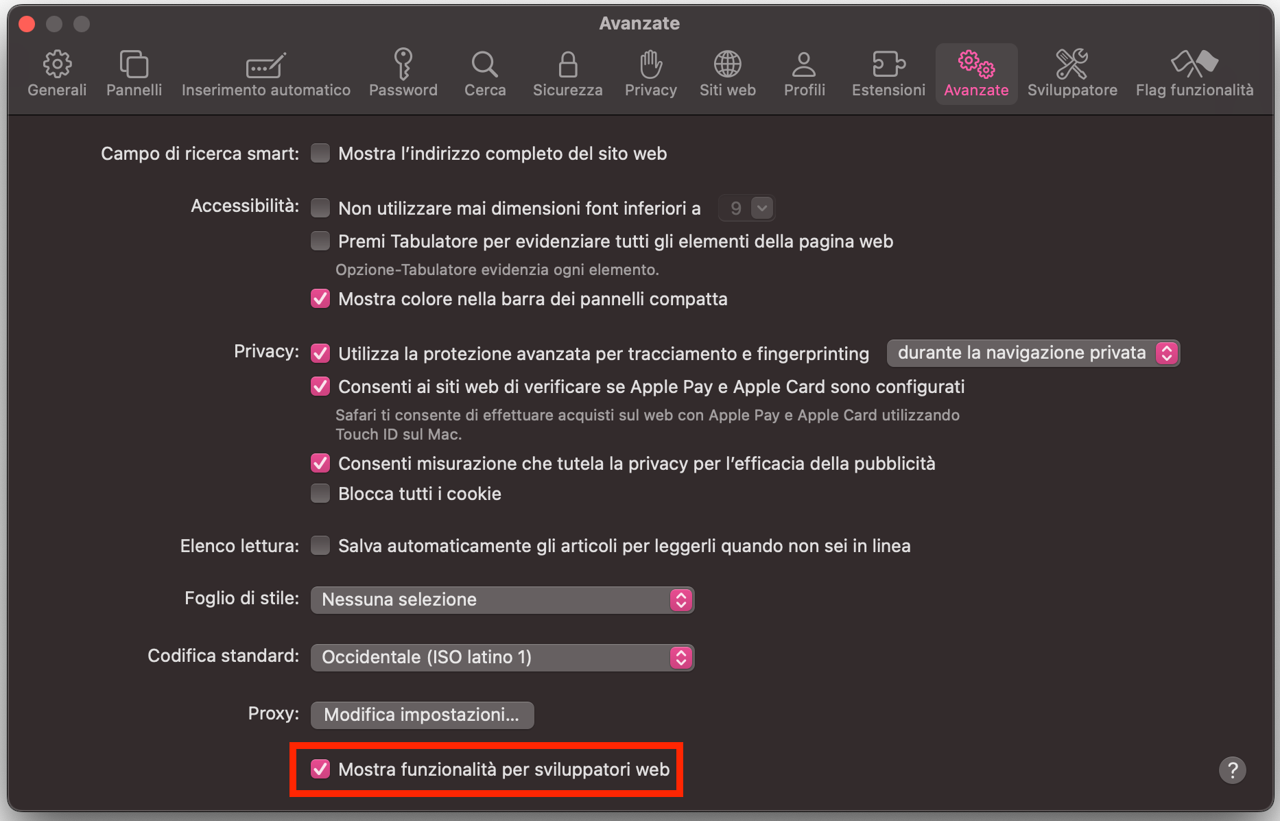 Il passo successivo per svuotare la cache DNS sul tuo Mac è accedere alla scheda Avanzate. Qui, seleziona Mostra funzionalità per sviluppatori web.