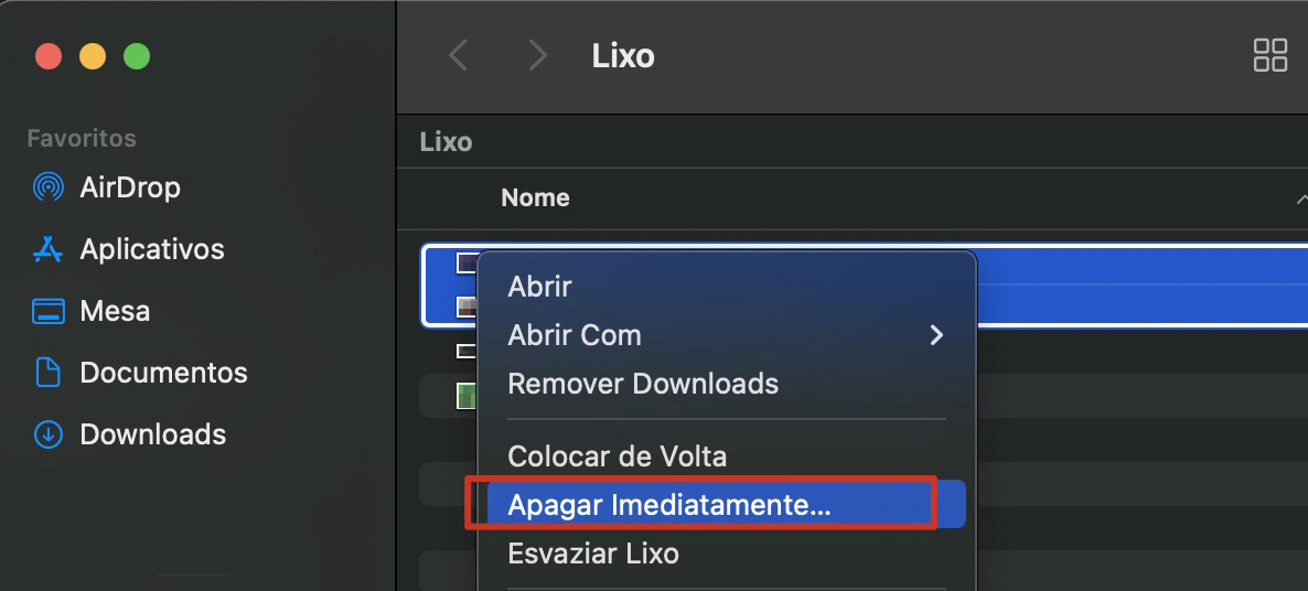 A pasta do Lixo no Mac contendo vários arquivos deletados. Clique com o botão direito em um arquivo e selecione Apagar Imediatamente para excluir arquivos específicos individualmente.