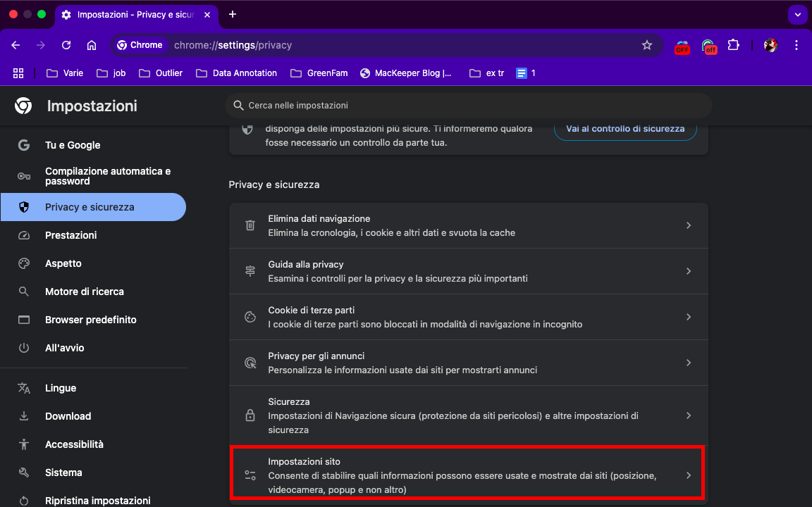 Nelle impostazioni di Chrome, fate clic su Privacy e sicurezza, quindi su Impostazioni sito, che consente di controllare vari aspetti del comportamento dei siti web.