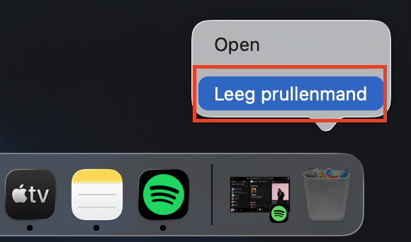 Het contextmenu van het Prullenmand-pictogram in het Mac-dock. Zodra je weet hoe je op je Mac naar malware kunt zoeken, kun je de bijbehorende bestanden verwijderen en daarna de Prullenmand leegmaken om ze definitief te wissen.