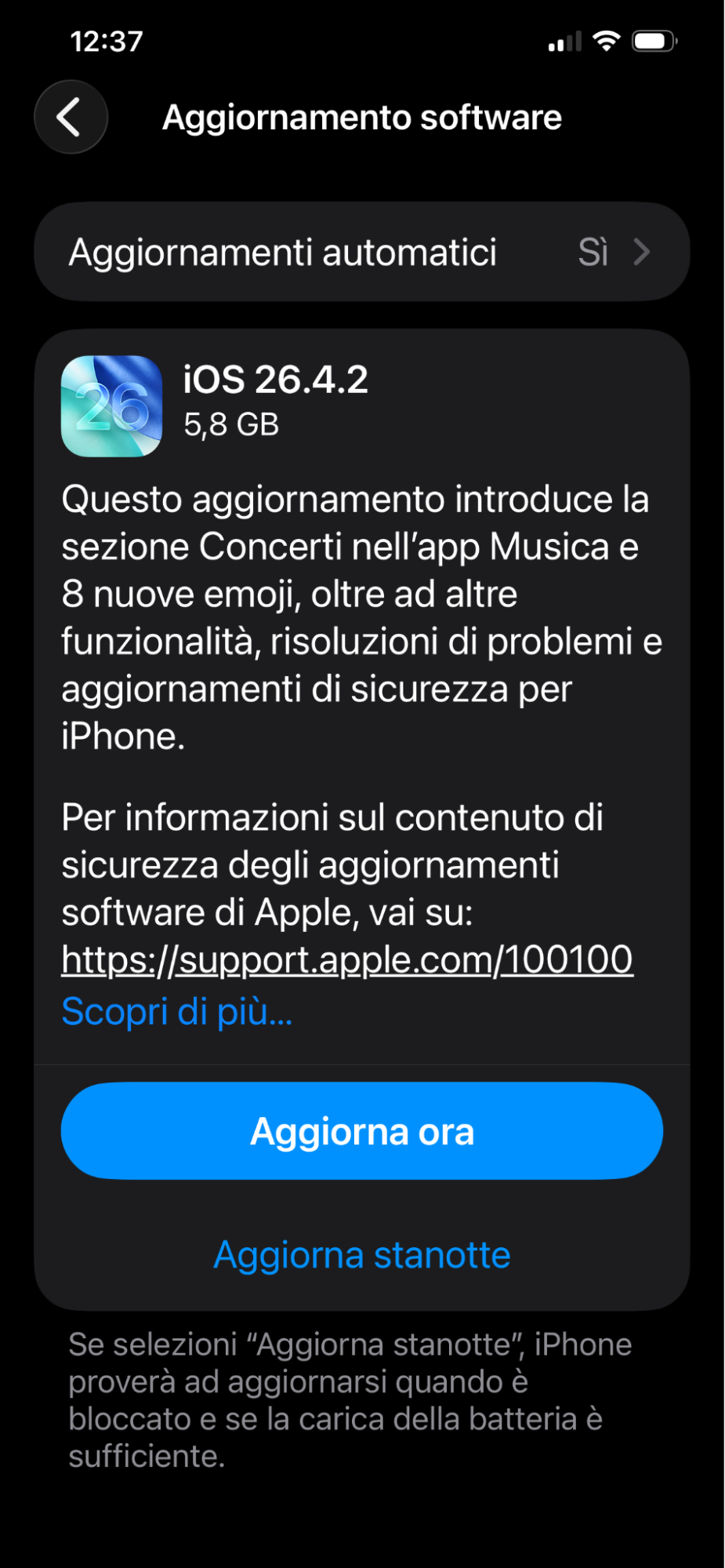 La schermata Aggiornamento Software su iOS che mostra un nuovo aggiornamento. Seleziona Aggiorna ora per aggiornare iOS.