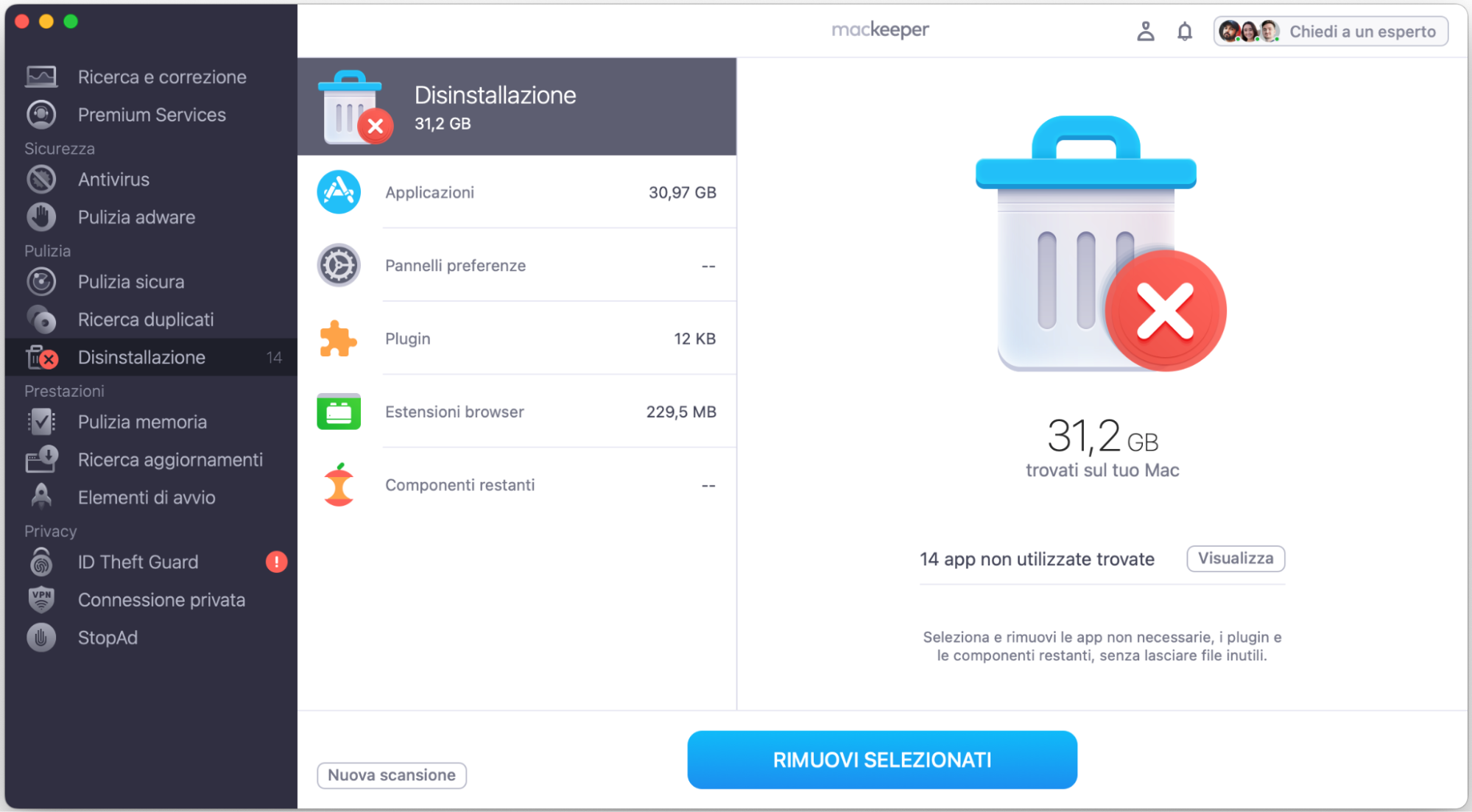 In Disinstallazione di MacKeeper, seleziona le app o i file che vuoi eliminare, quindi fai clic su Rimuovi selezionati per confermare la rimozione.
