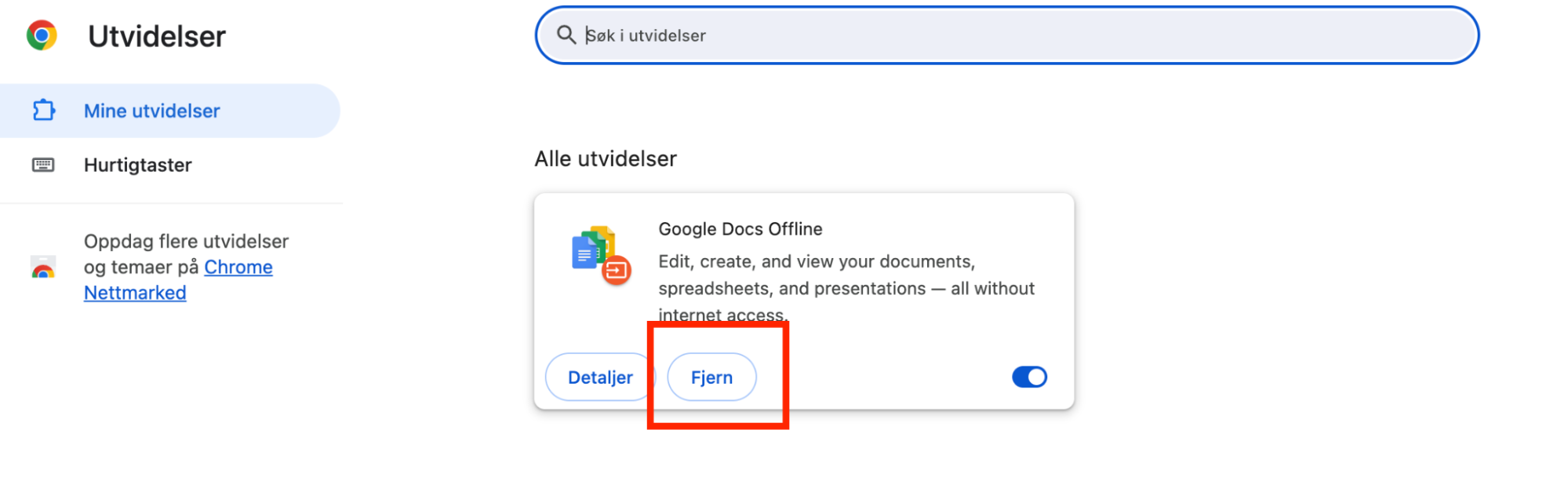 For å fjerne en utvidelse fra Chrome finner du den i listen, og klikker deretter på Fjern»-knappen. Bekreft fjerningen, og den er borte.