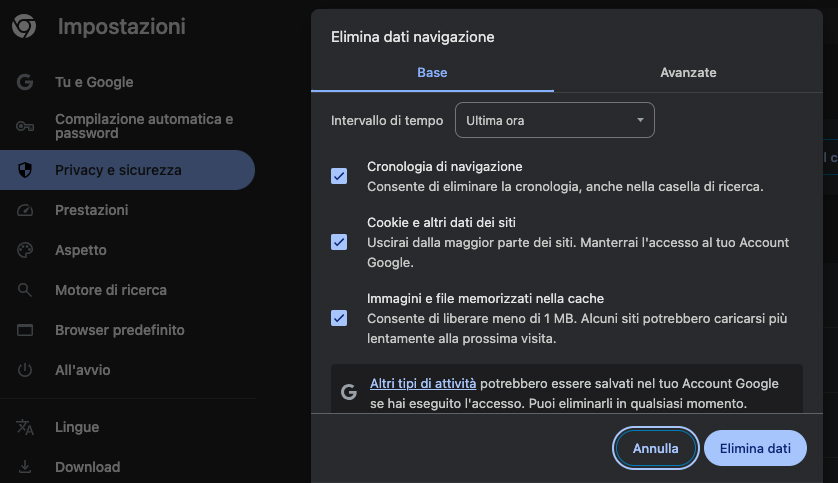 Una volta aver selezionato Cancella dati di navigazione, selezionare un intervallo di tempo per eliminare i dati di navigazione e selezionare Cronologia di navigazione, Cookie e altri dati dei siti, e Immagini e file memorizzati nella cache. Questo aiuterà a creare più spazio sul disco.