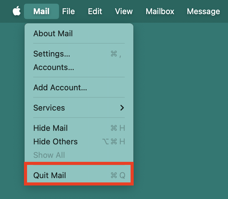 The Mail app menu on Mac. After checking your email accounts in Keychain, Quit and reopen Mail to fix Keychain password not working.