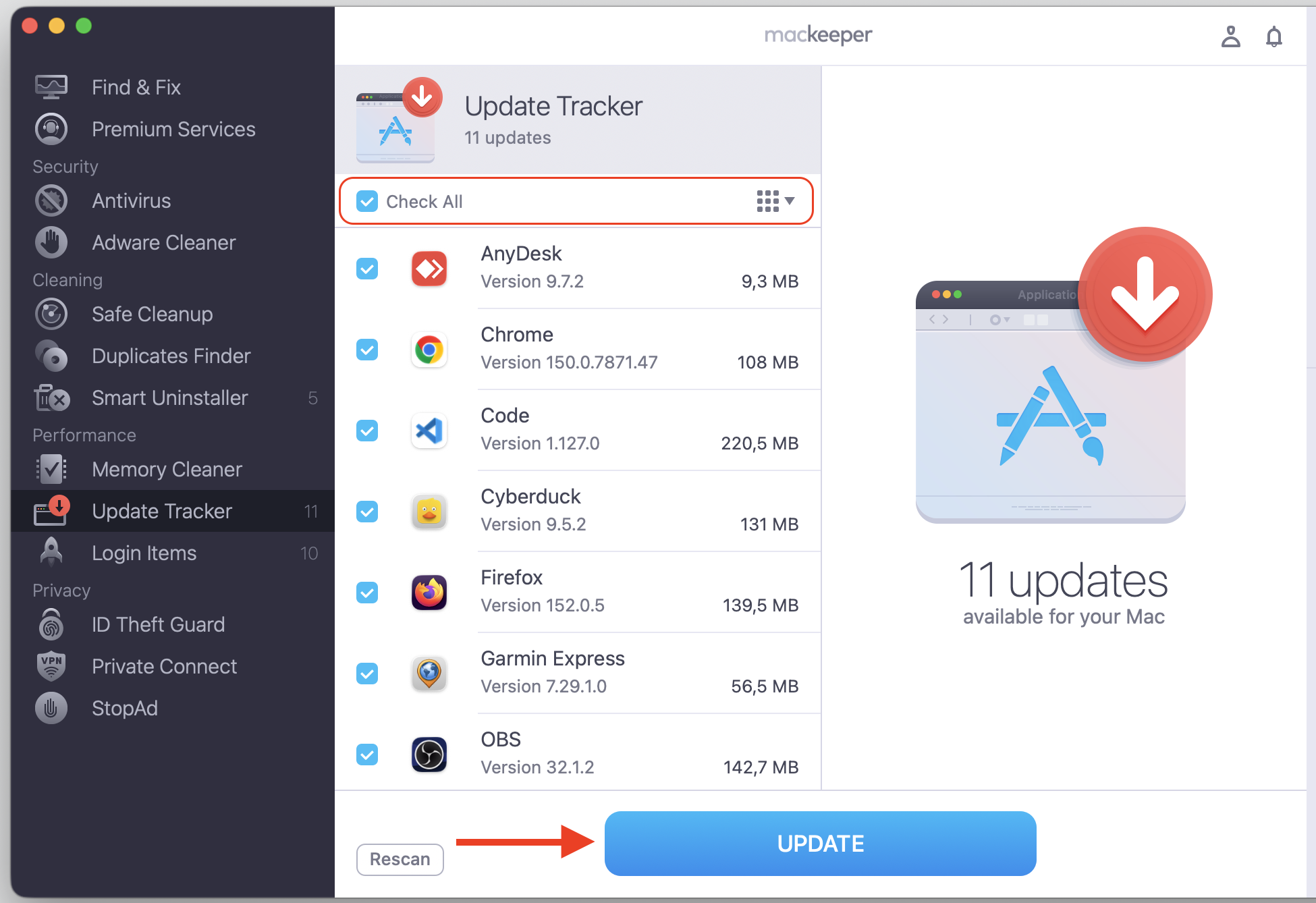 MacKeeper's Update Tracker on macOS with Check All and the Update button, refreshing apps to ease codesign high CPU usage on your Mac.