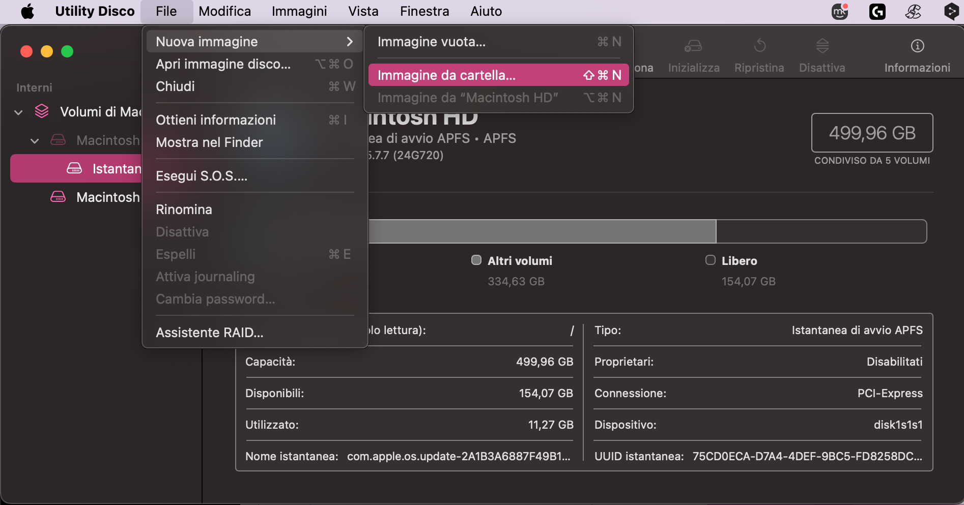 Quindi, nell’app Utility Disco, crea una nuova immagine dalla cartella andando su File > Nuova immagine > Immagine da cartella. 