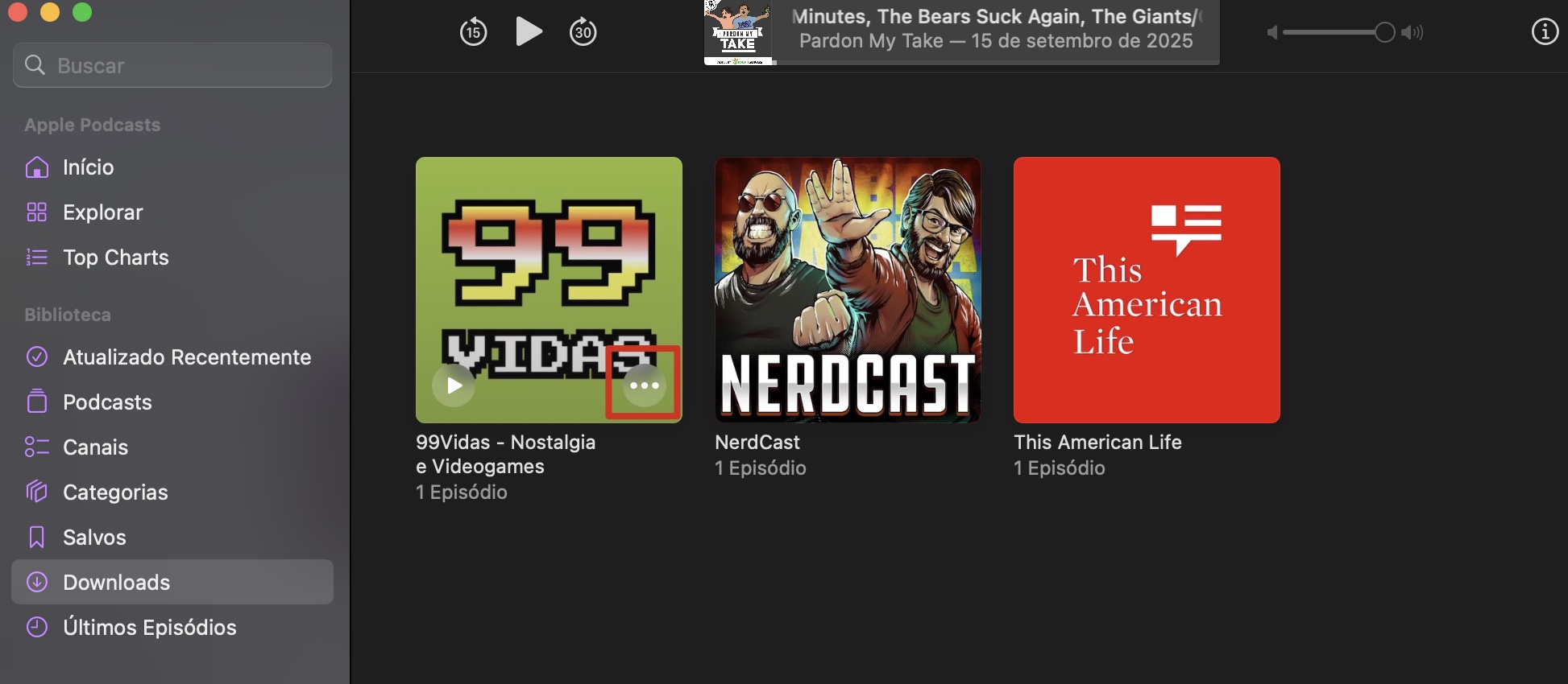 Na seção Downloads do app Podcasts no Mac, remova os episódios antigos que você não precisa mais para liberar espaço no disco.