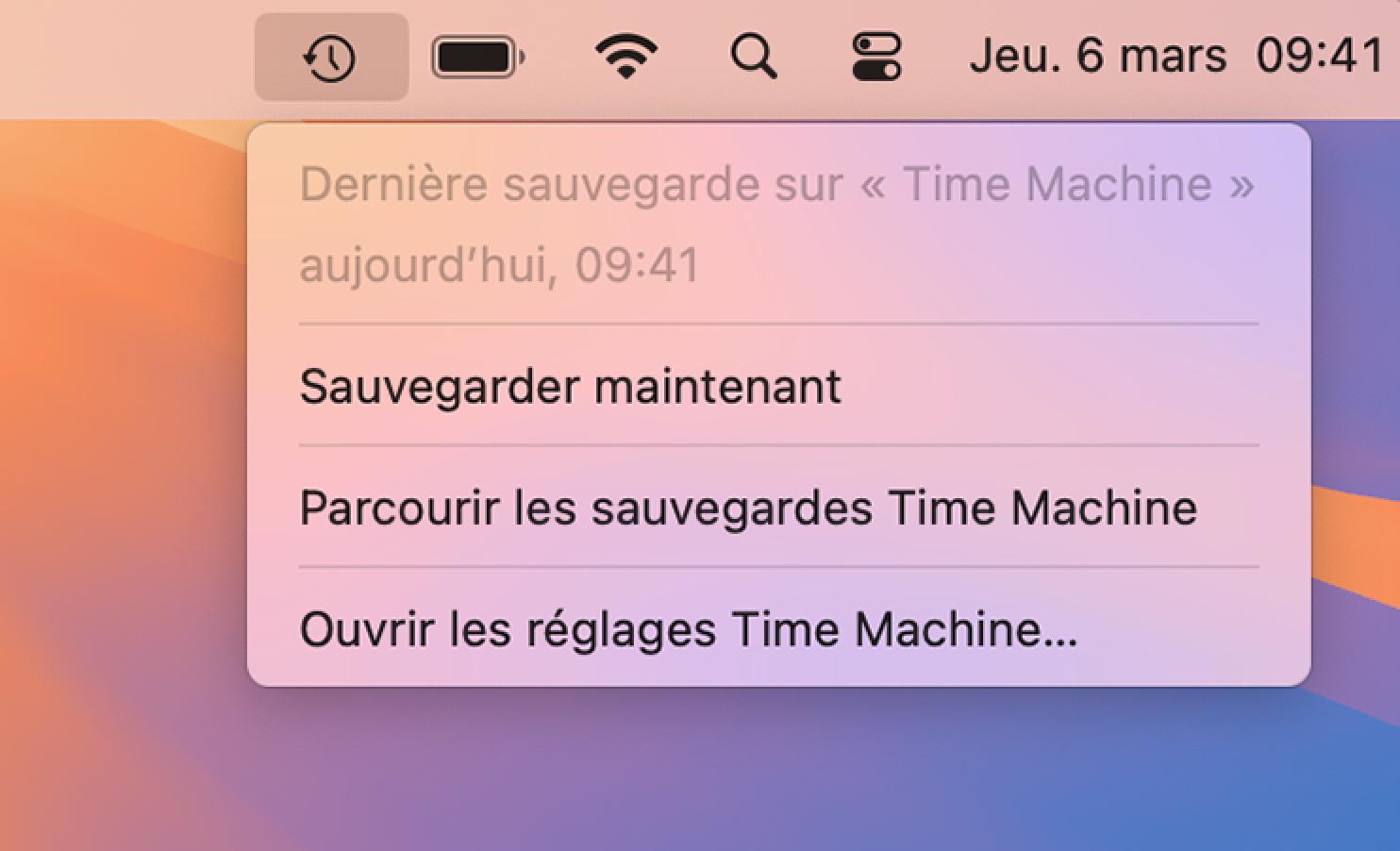 Vous pouvez aussi initier une sauvegarde de votre Mac en cliquant sur l’icône Time Machine située dans la barre de menu et en sélectionnant « Sauvegarder maintenant ». Vous pouvez aussi initier une sauvegarde de votre Mac en cliquant sur l’icône Time Machine située dans la barre de menu et en sélectionnant « Sauvegarder maintenant ».