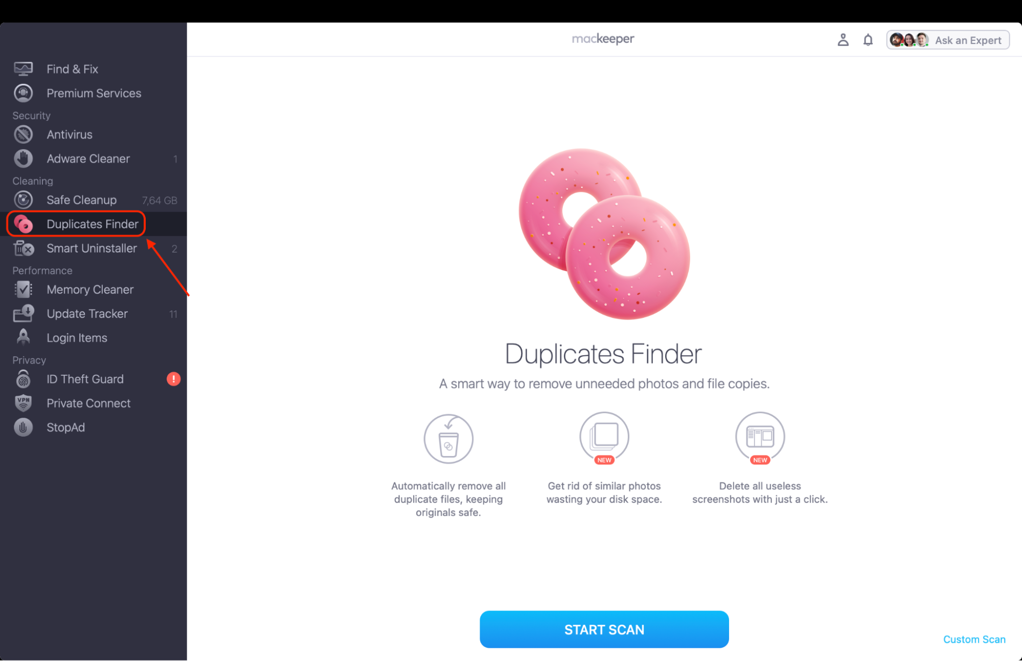 Select the Duplicates Finder tool from the MacKeeper sidebar to begin searching for identical images and unnecessary file copies on your Mac.