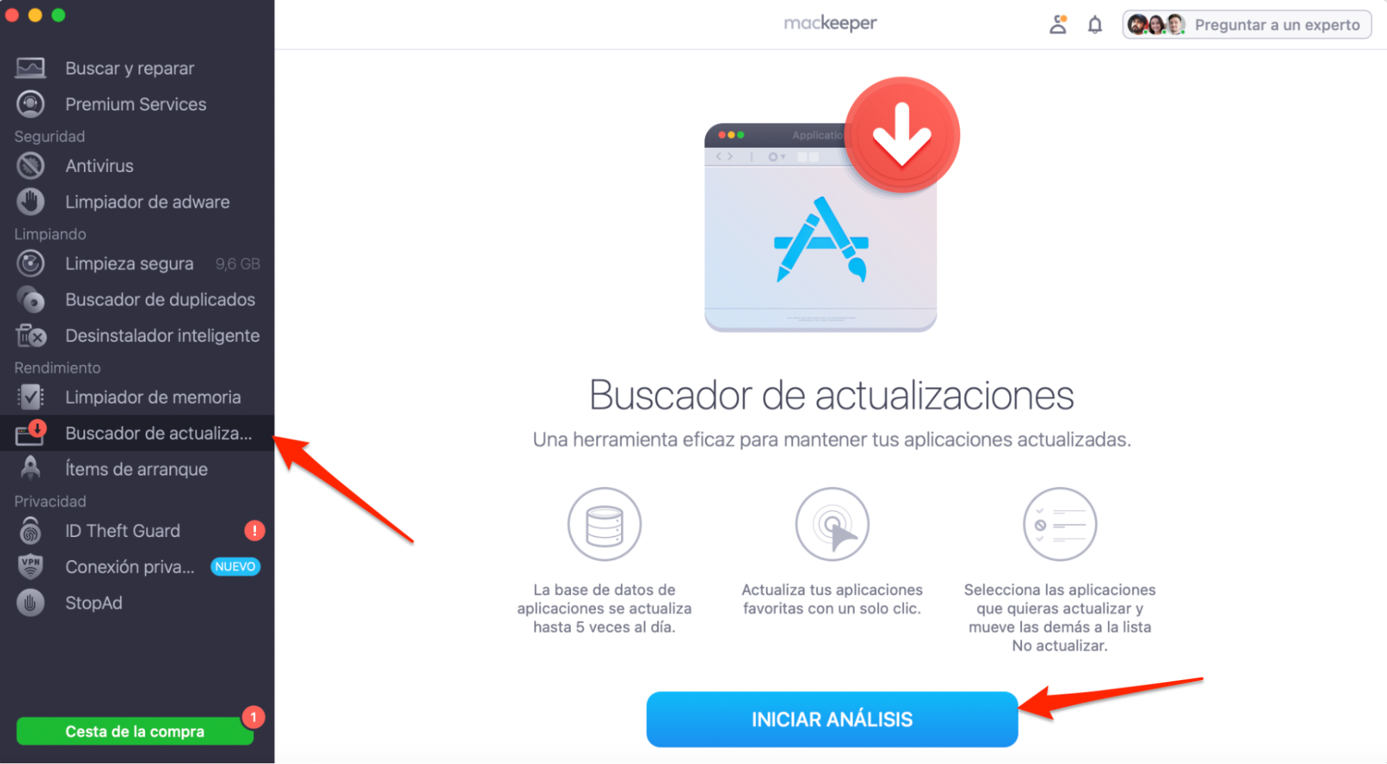 MacKeeper en macOS Monterey muestra la herramienta Buscador de actualizaciones. Haz clic en Buscar actualizaciones para encontrar todas las actualizaciones disponibles para las aplicaciones instaladas.