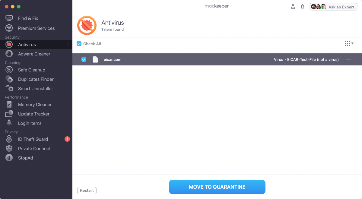 If the virus is a living matter on your computer, now it’s time to end its life. Click on Move to Quarantine to clear up your system