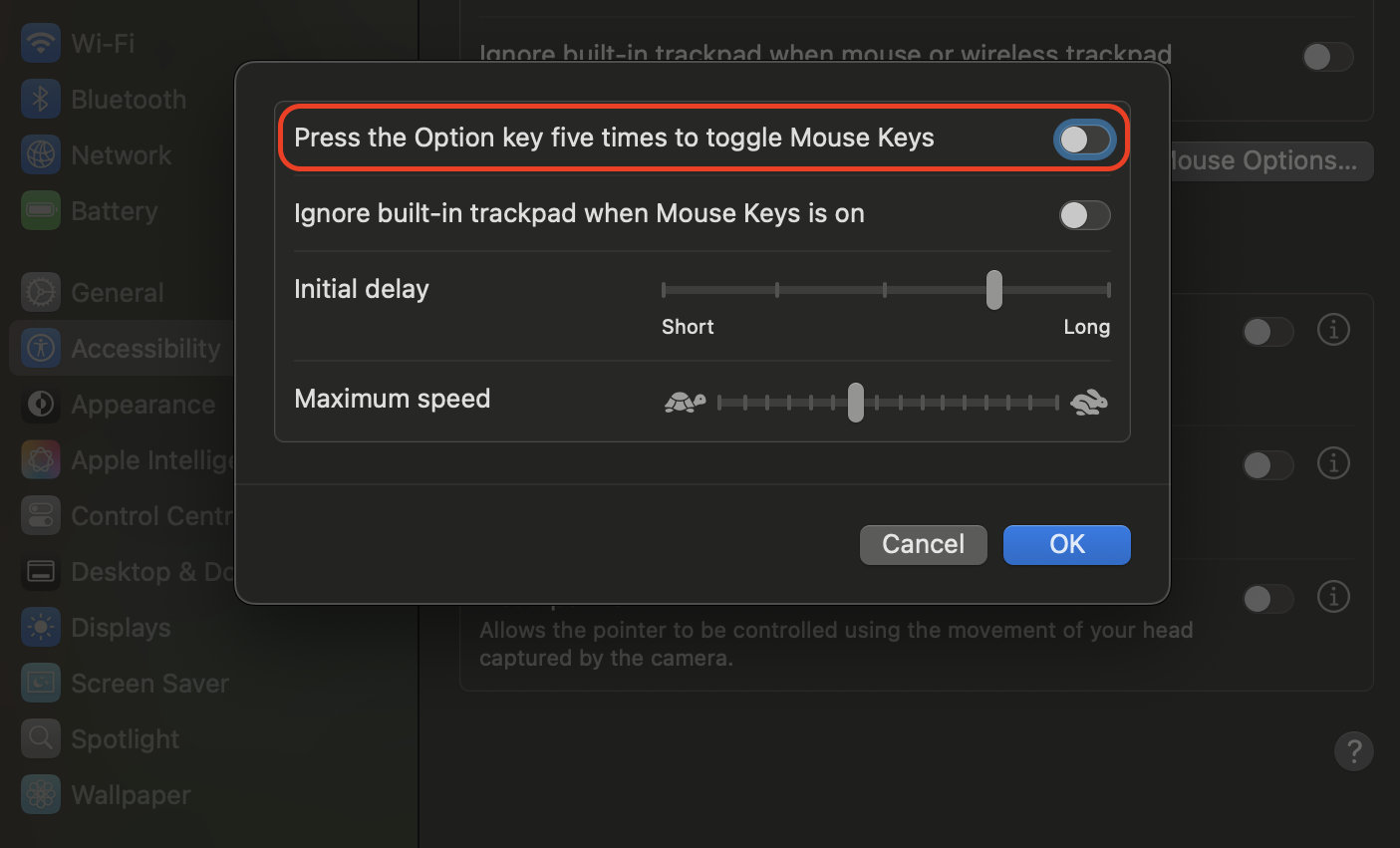 Enable the Option-key shortcut in Mouse Keys settings to quickly toggle keyboard-based pointer control on or off, making left-click actions more convenient on your Mac.