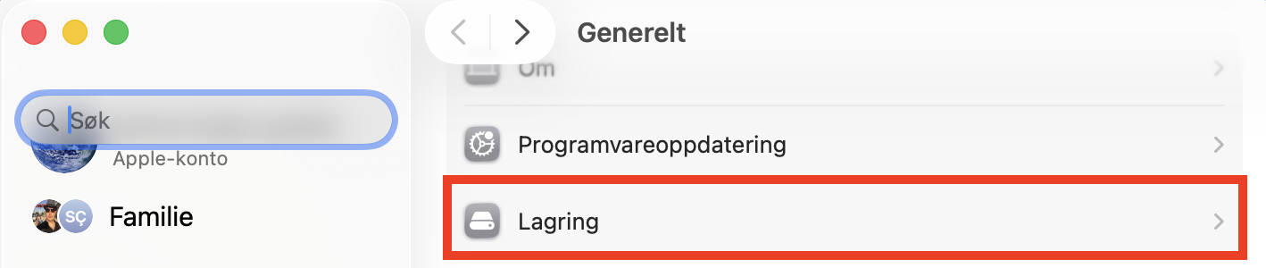 Under fanen Generelt ser du en seksjon som heter Lagring. Klikk her for å se hvor mye plass systemdata bruker på Macen din.