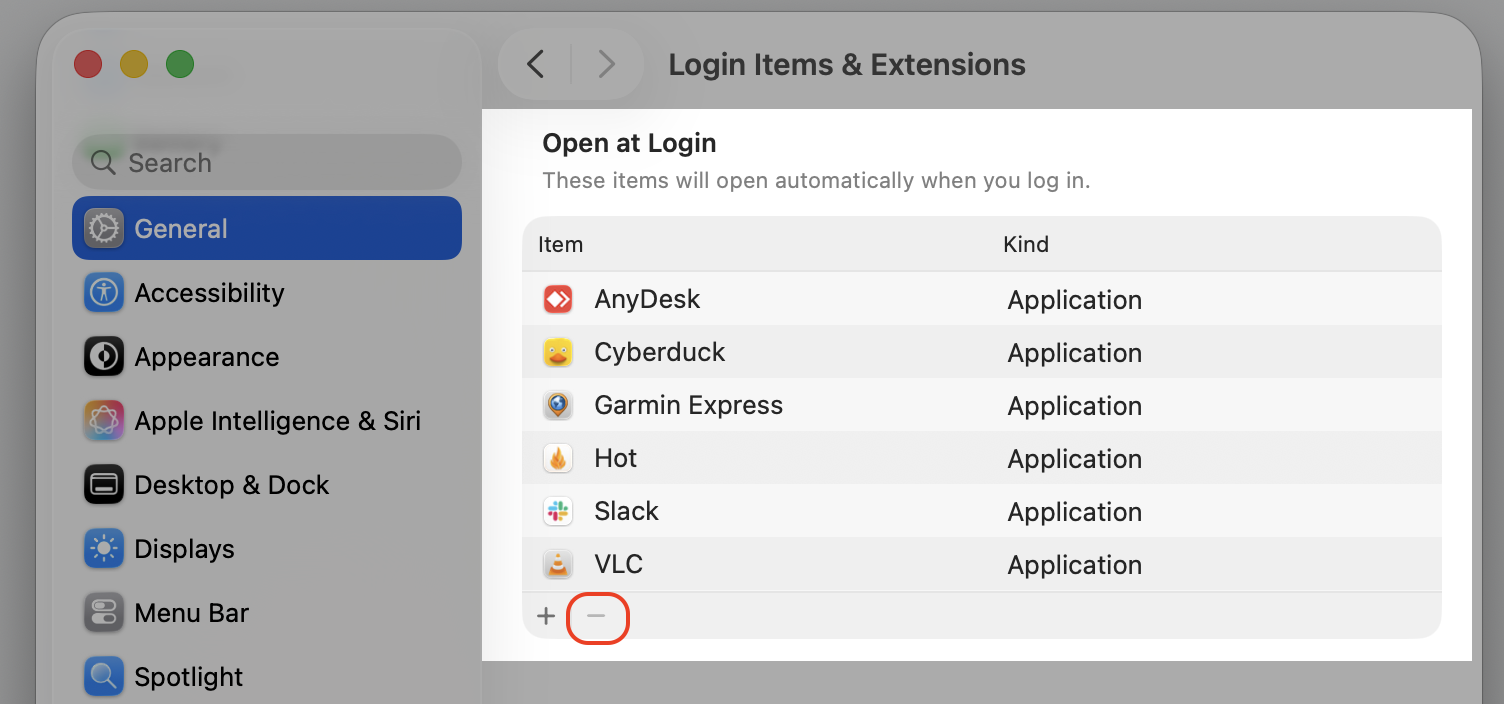Login Items & Extensions pane on a MacBook showing Open at Login apps and the minus button used to remove items that keep crashing.
