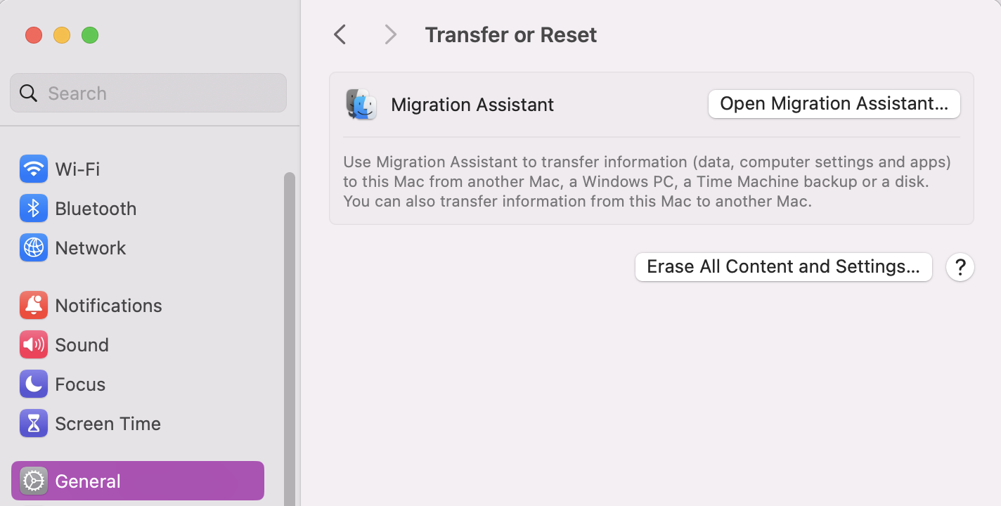 To execute a full reset and restore from backup, you'll want to open your System Settings. Go to General > Transfer or Reset > Erase All Content and Settings.