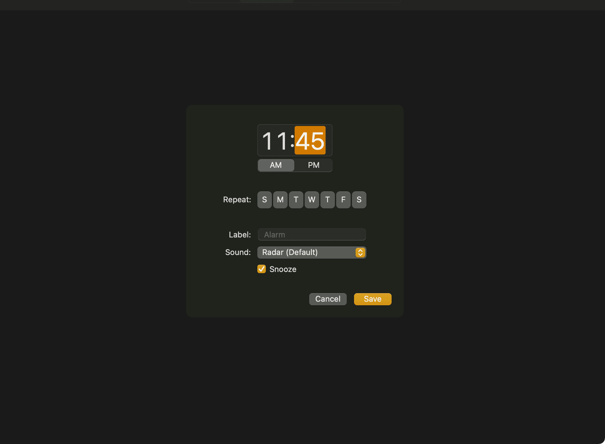 To set the alarm on your Mac via the Clock app, launch this app, then click the + button in the top right corner, set the alarm time and date, choose AM or PM, and click the Save button.