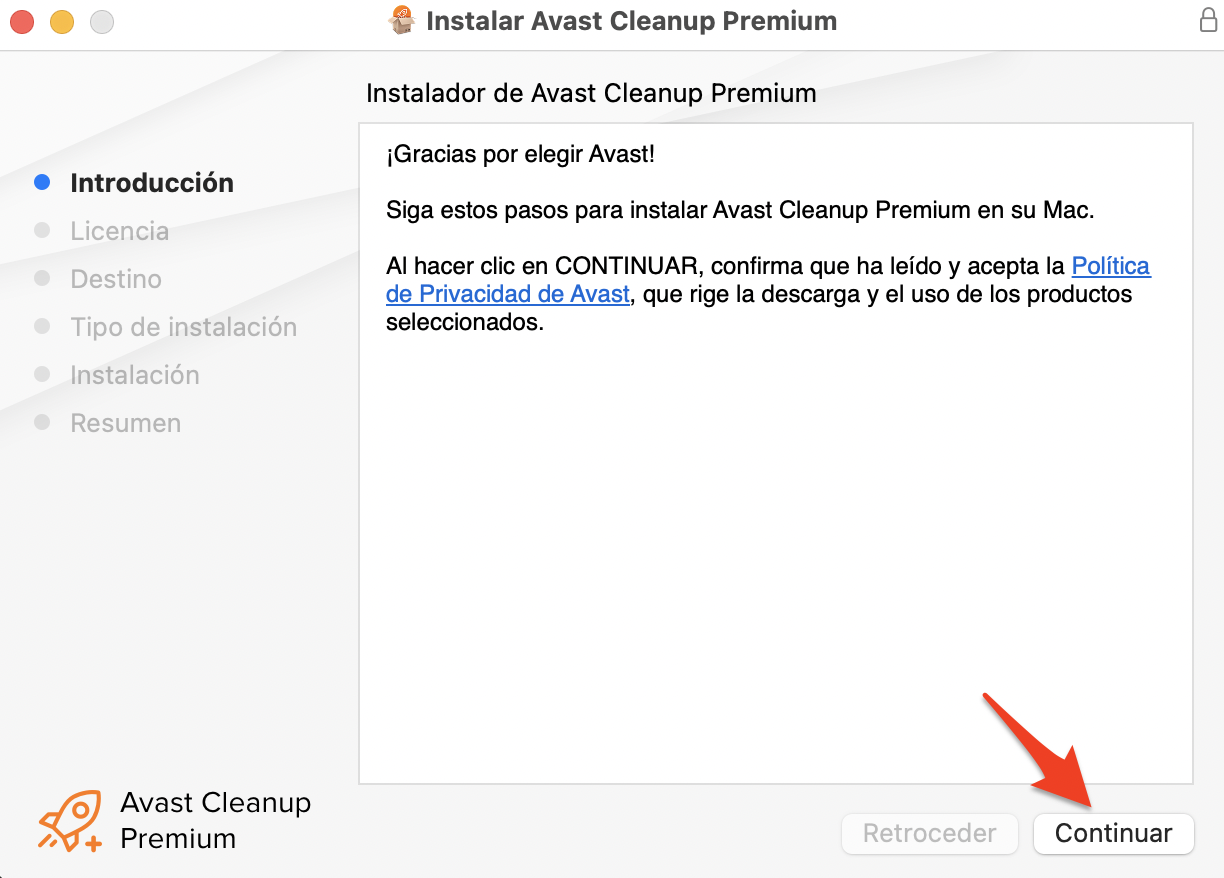 Avast Cleanup en Mac muestra la ventana de desinstalación. Haz clic en Continuar para proceder. Avast Cleanup en Mac muestra la ventana de desinstalación. Haz clic en Continuar para proceder.