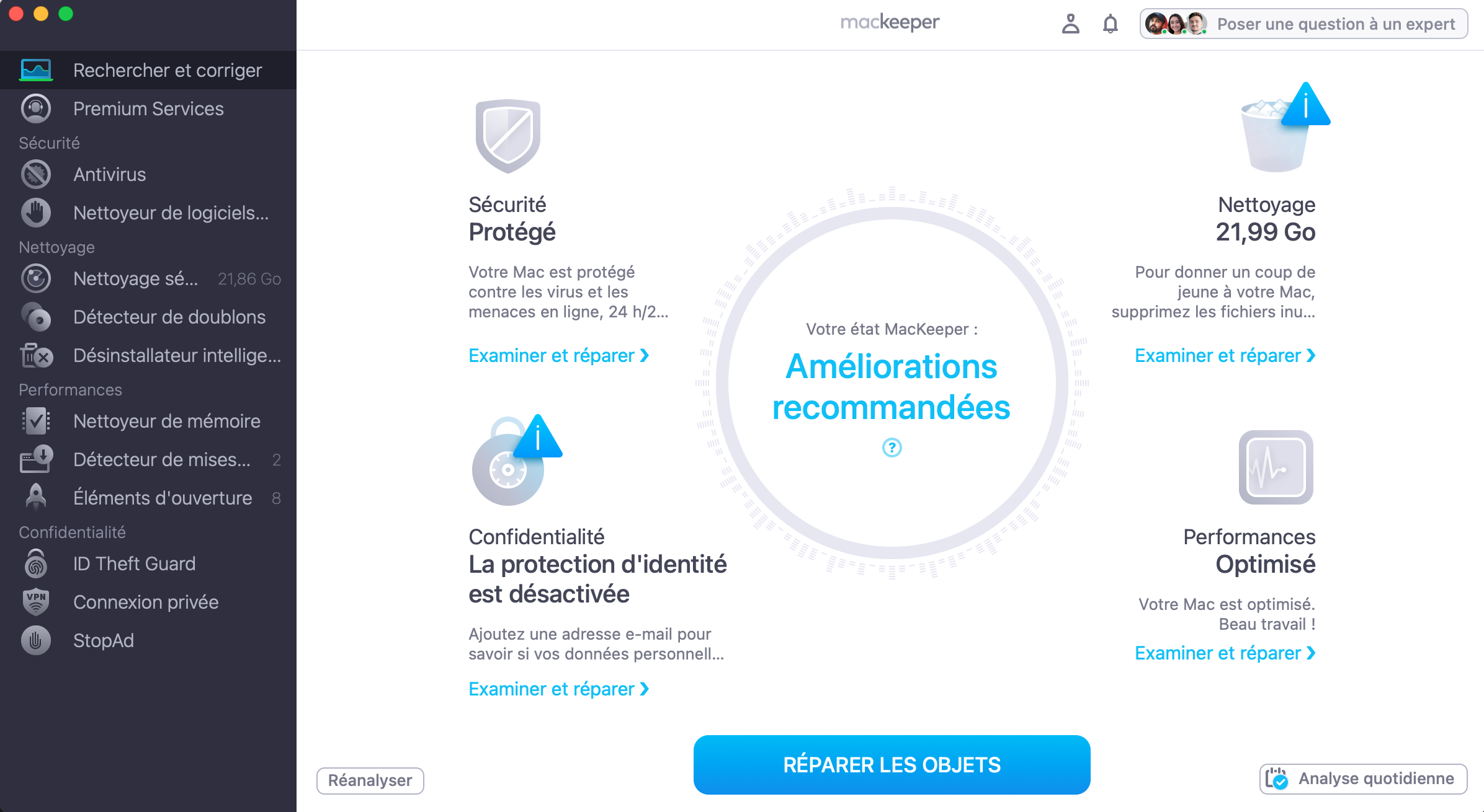 Lorsque l'analyse est terminée, consultez les améliorations recommandées et cliquez sur Réparer les objets.