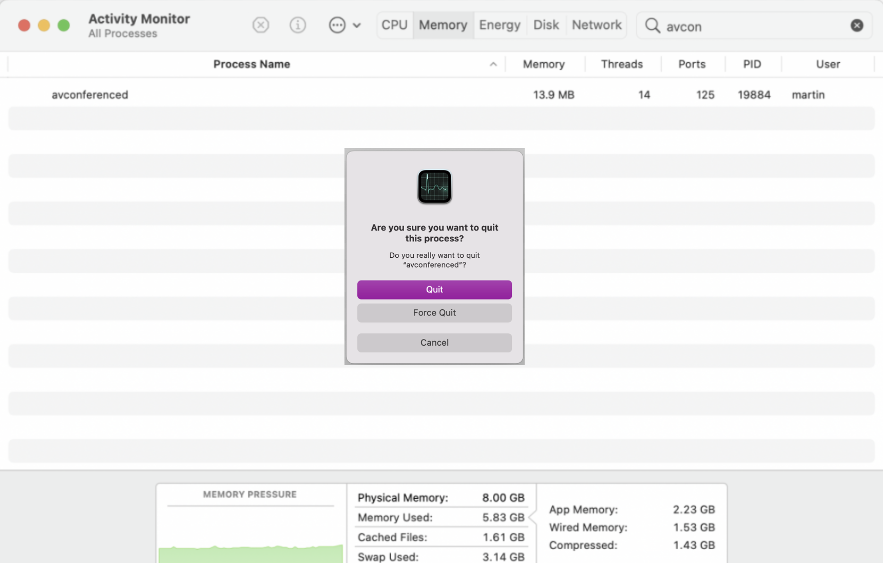In Activity Monitor, click on the CPU tab and search for avconferenced. Then highlight the process and press Force Quit.